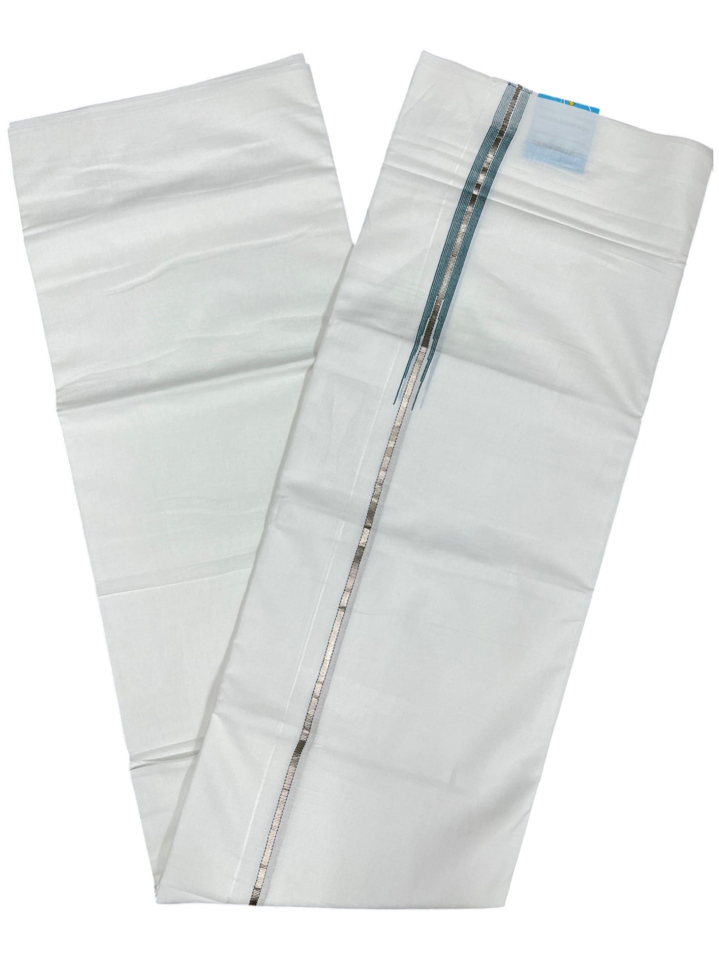 Southloom Pure White Cotton Double Mundu with Silver Lines and Green Chuttikara Border (South Indian Dhoti)