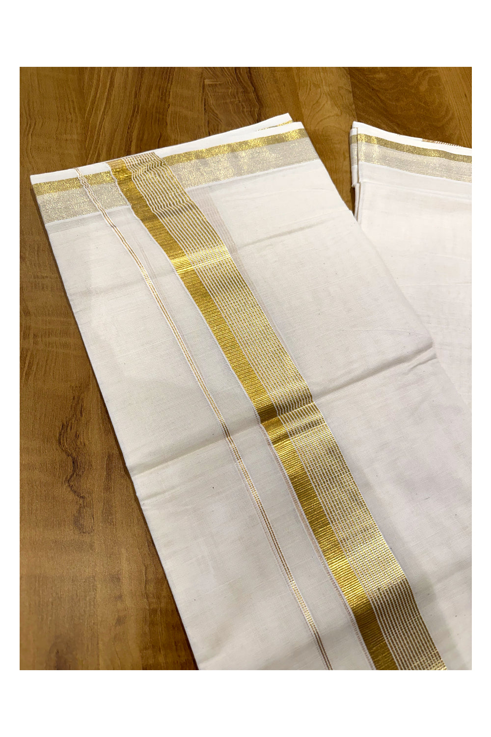 Off White Pure Cotton Double Mundu with Kasavu Lines Border (South Indian Kerala Dhoti)