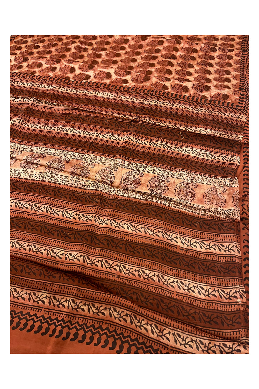 Southloom Modal Silk Brick Red Designer Saree with Brown Floral Prints on Body