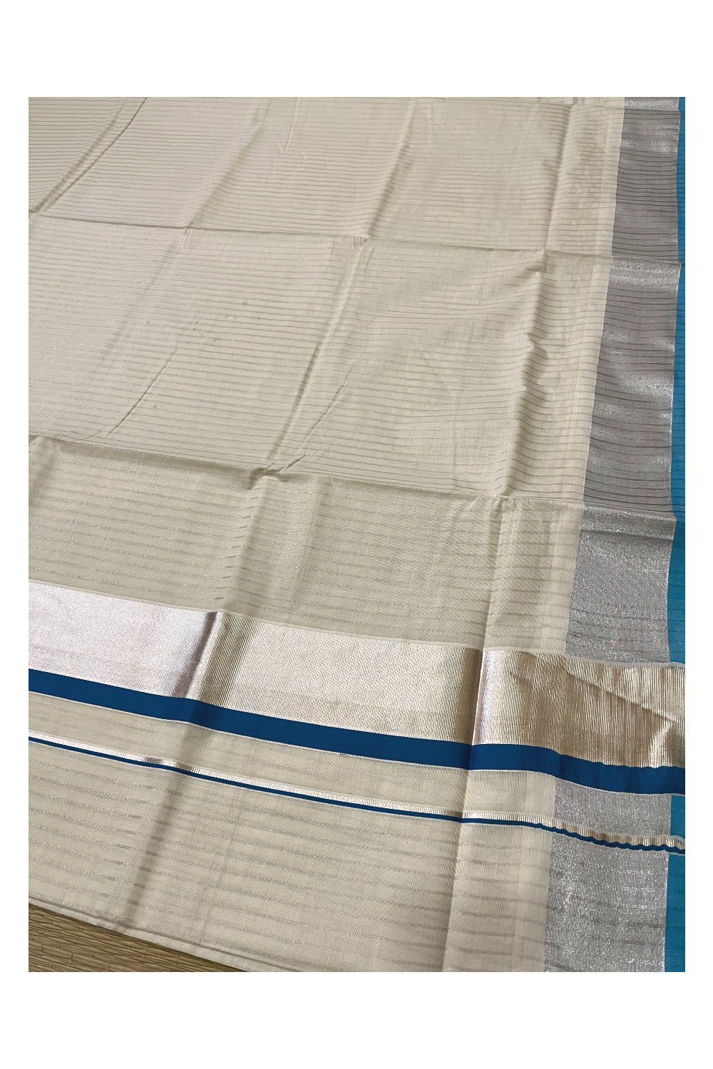 Pure Cotton Kerala Silver Kasavu Lines Saree with 3 inch Blue and Silver Border (Onam Saree 2023)