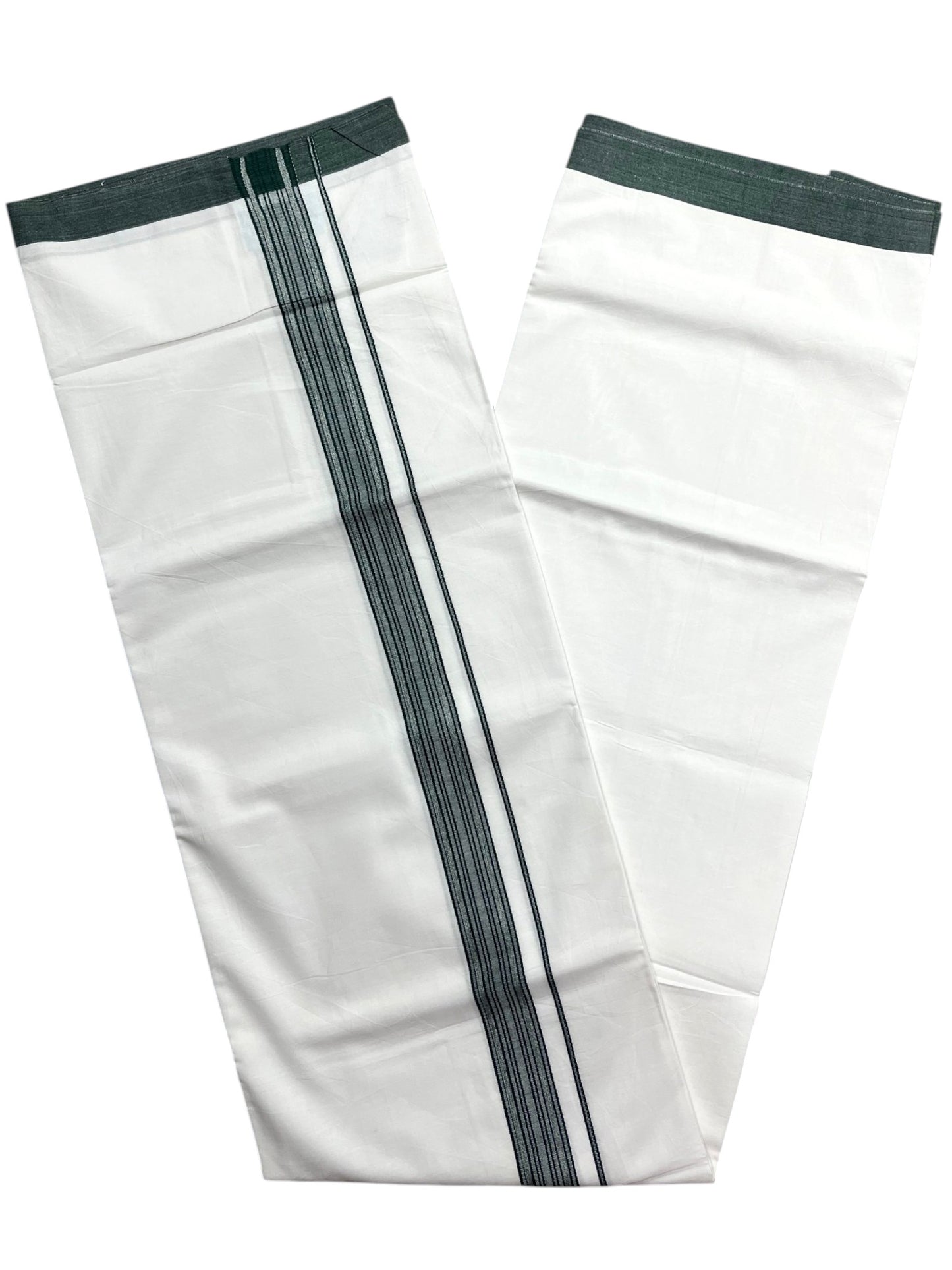 Southloom Pure White Cotton Mundu with Green Lines Border (South Indian Kerala Dhoti)