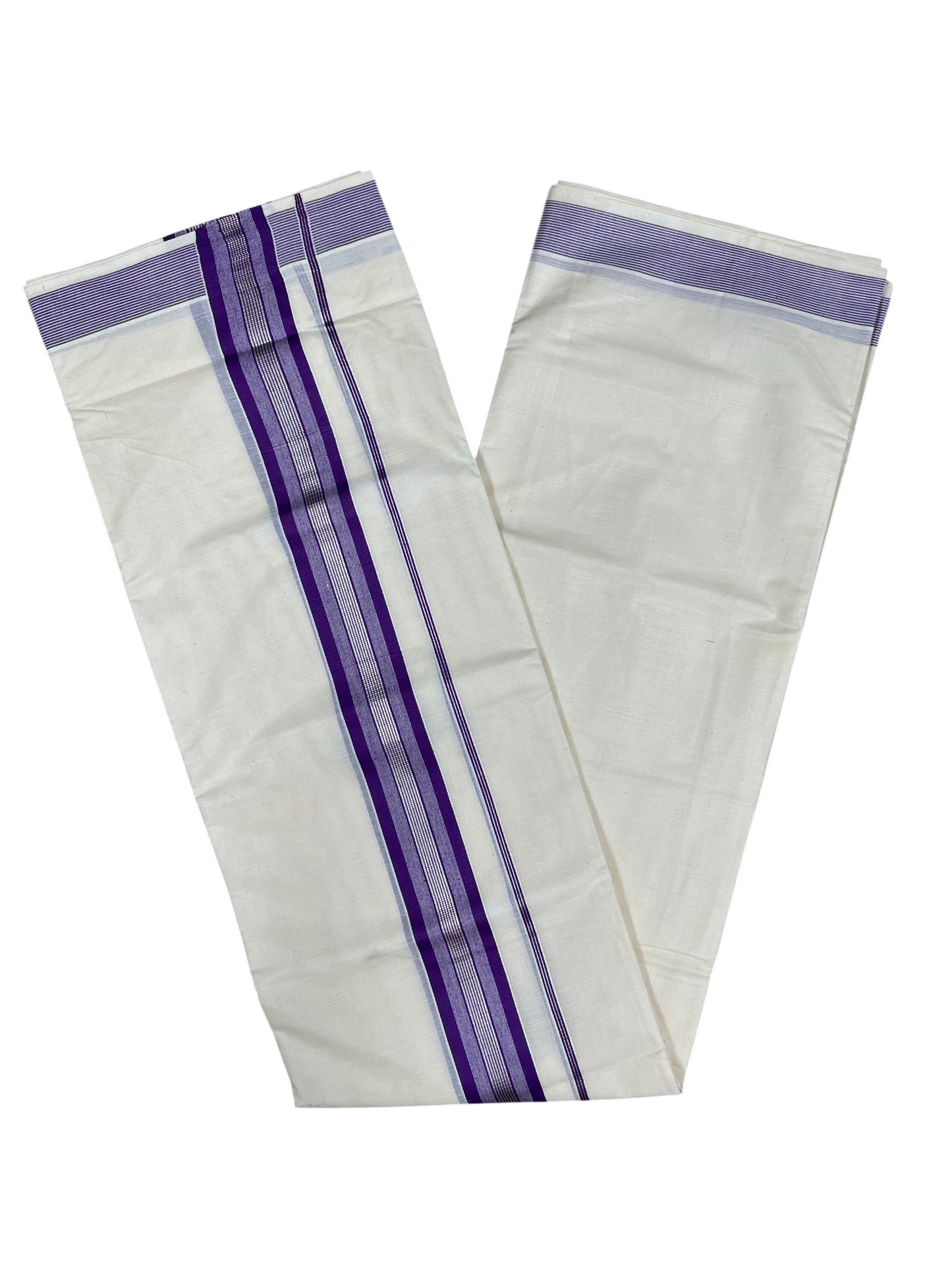 Southloom Pure Cotton Mundu with Silver Lines and Violet Border (South Indian Kerala Dhoti)