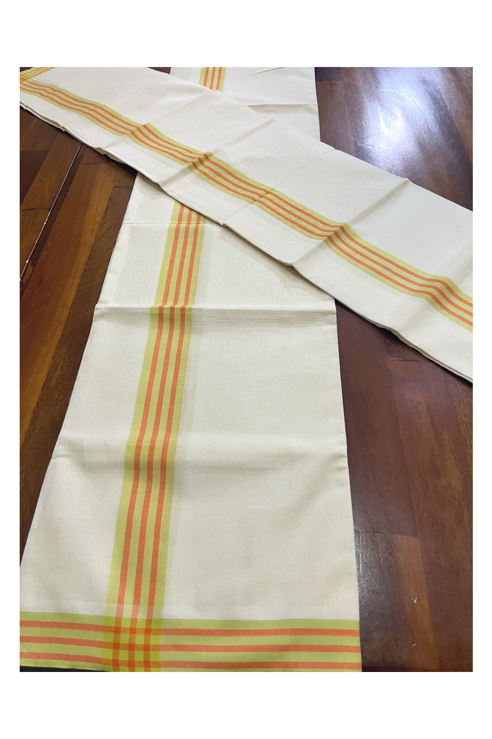 Kerala Cotton Mulloth Mundum Neriyathum Single (Set Mundu) with Orange Light Green Border (Extra Soft Cotton) 2.80 Mtrs