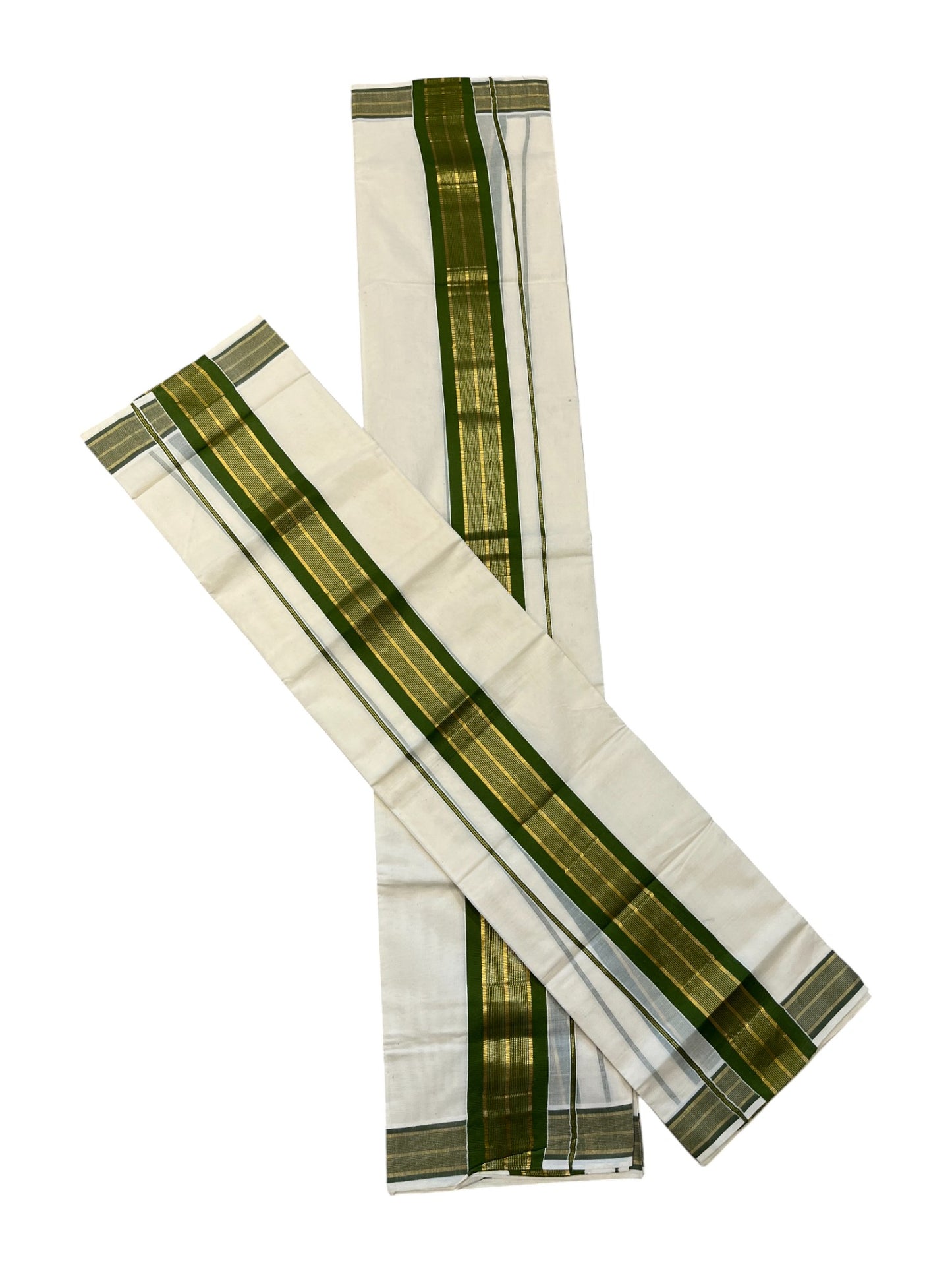 Kerala Cotton Set Mundu (Mundum Neriyathum) with Kasavu and Green Border