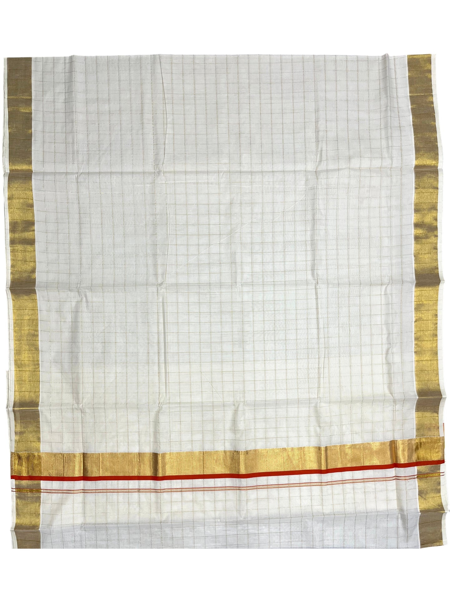 Southloom Pure Cotton  Kerala  Kasavu Woven Check Saree with Orange Border