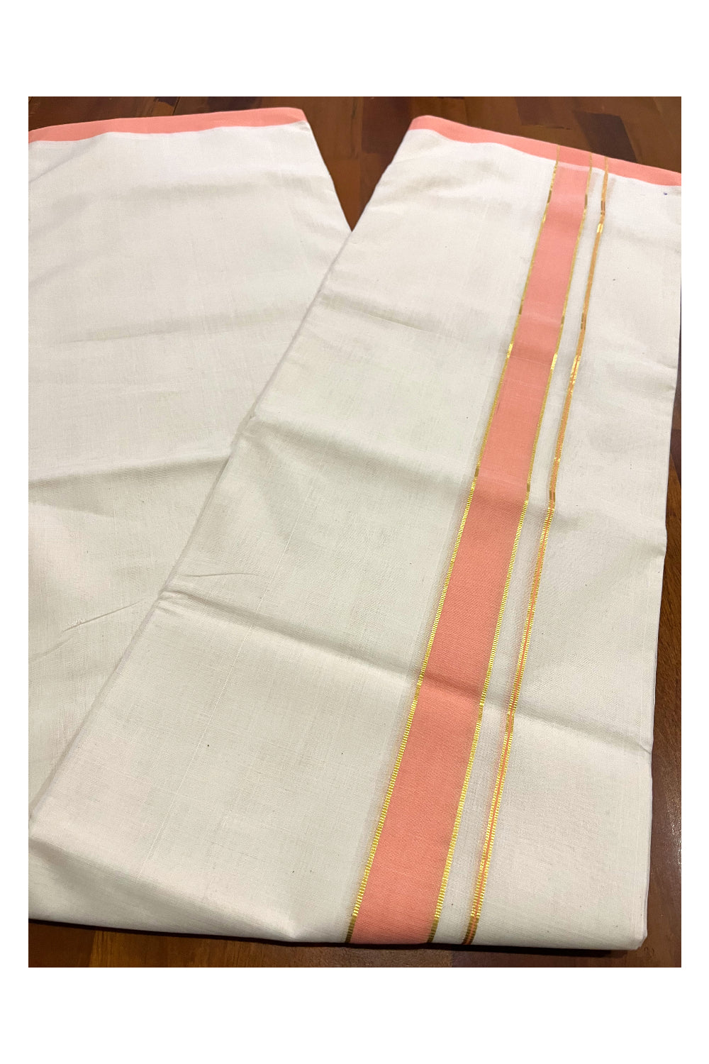 Southloom Premium Balaramapuram Unakkupaavu Handloom Mundu with Peach and Kasavu Border (South Indian Kerala Dhoti)