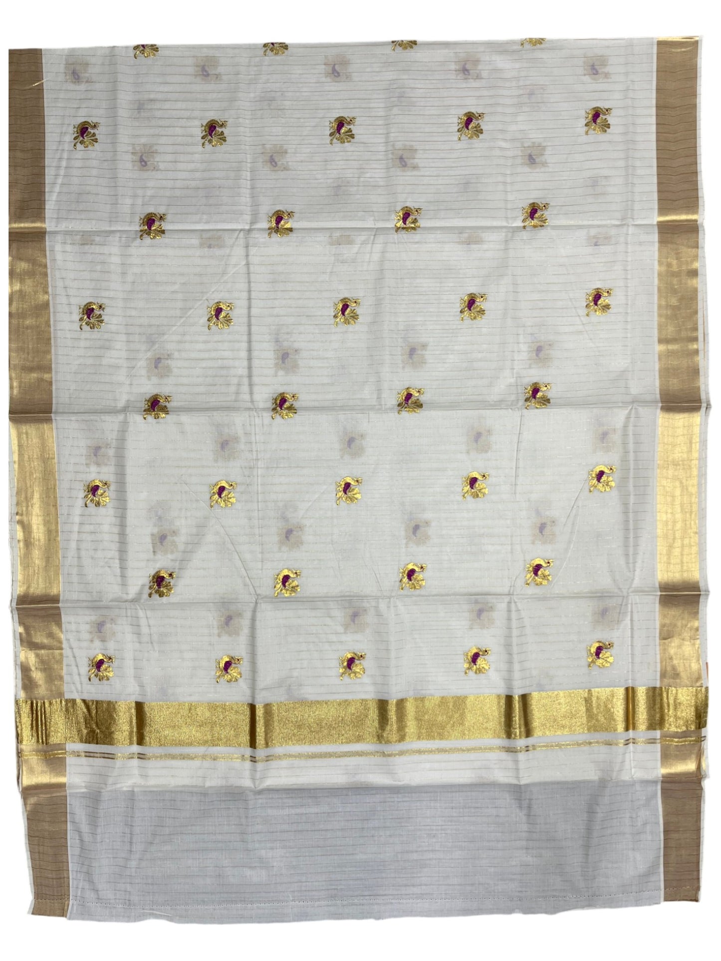 Southloom Cotton Kerala Kasavu Lines Saree with Peacock Embroidery Work on Body in Magenta
