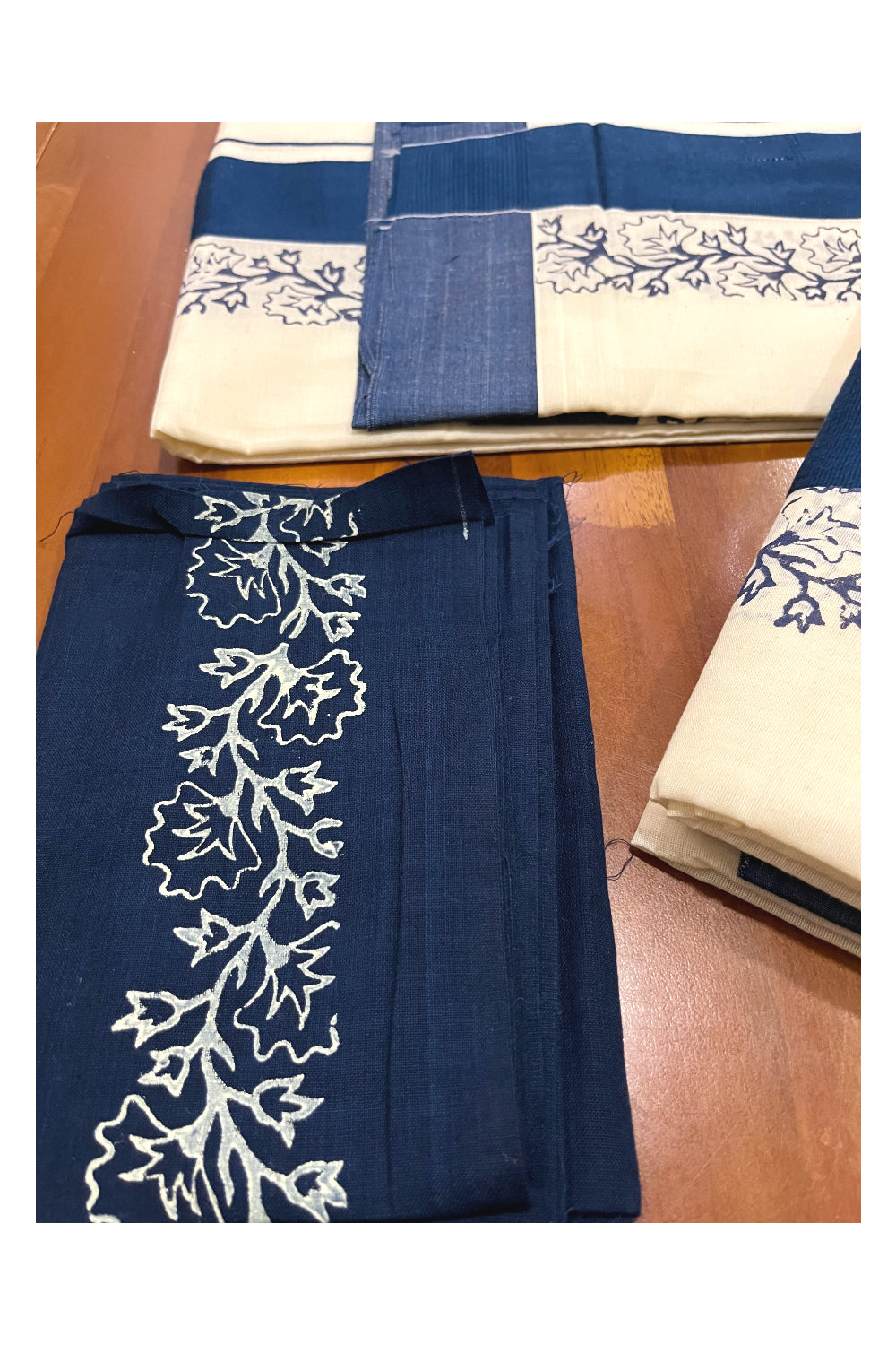 Pure Cotton Kerala Single Set Mundu (Mundum Neriyathum) with Block Printed Border and Dark Teal Blue Blouse Piece