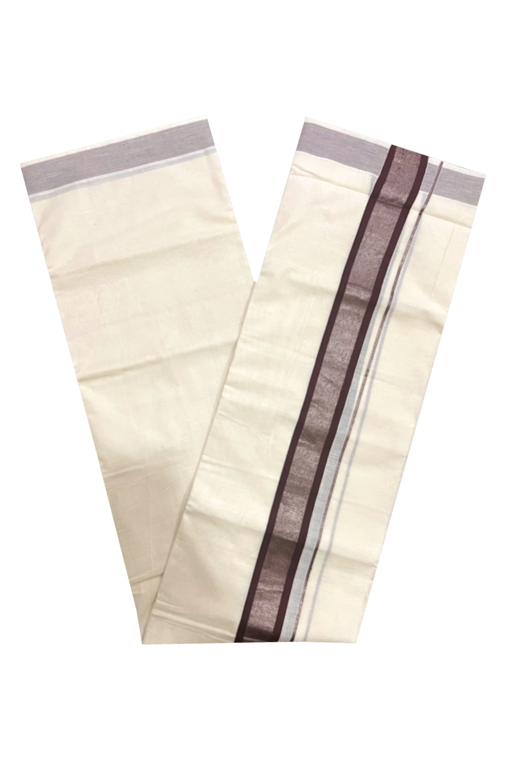 Pure Cotton Double Mundu with Brown and Silver Kasavu Kara (South Indian Kerala Dhoti)