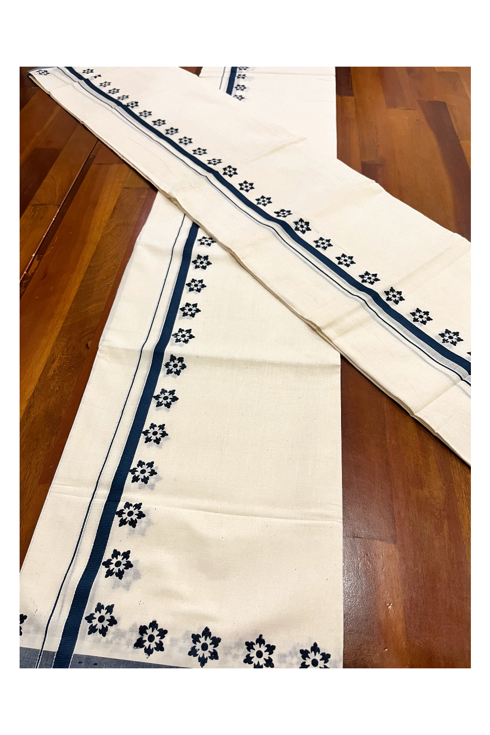 Kerala Pure Cotton Set Mundu Single (Mundum Neriyathum) with Dark Blue Floral Block Prints