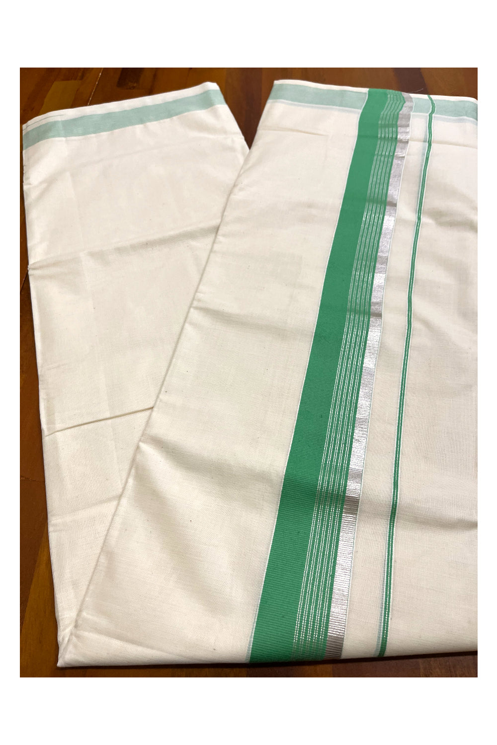 Off White Kerala Cotton Double Mundu with Silver Kasavu and Light Green Border (South Indian Kerala Dhoti)