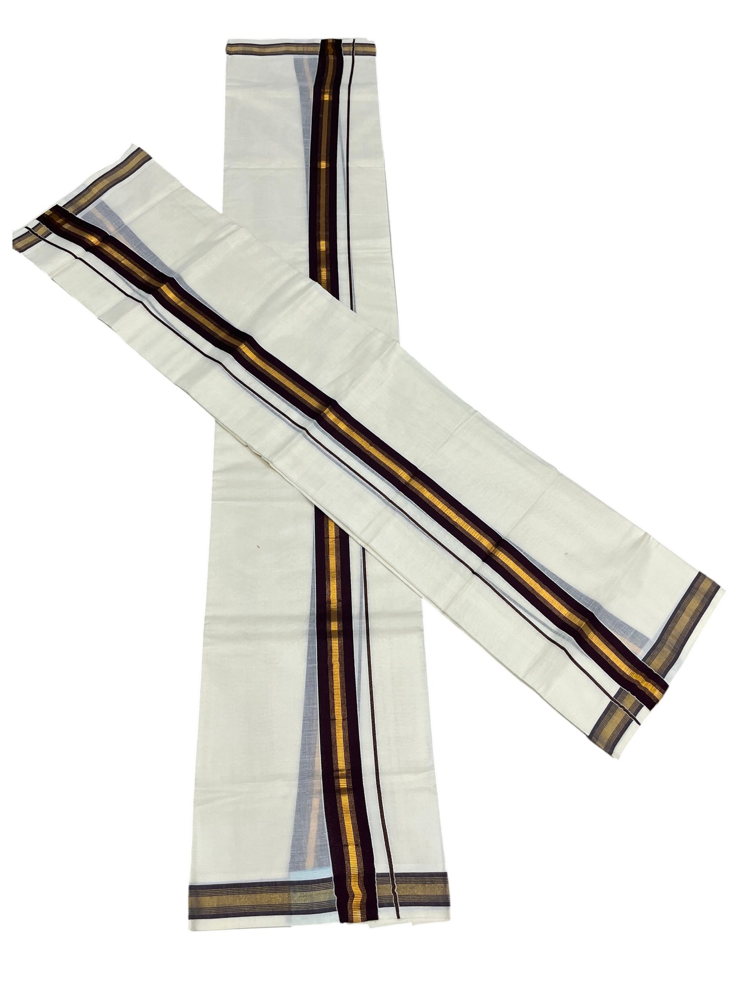 Southloom Kerala Cotton Single Set Mundu (Mundum Neriyathum) with Kasavu and Brown Border  SLKK