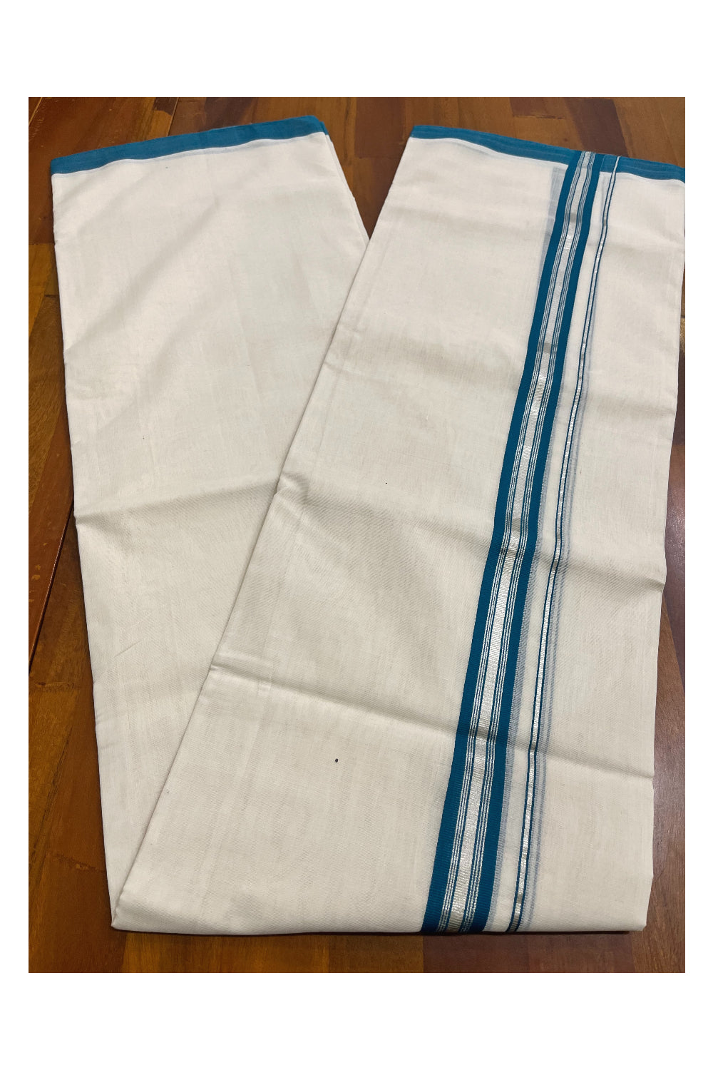 Premium Balaramapuram Handloom Unakkupaavu Cotton Double Mundu with Dark Green and Silver Kasavu Border (Onam 2024 Collection)