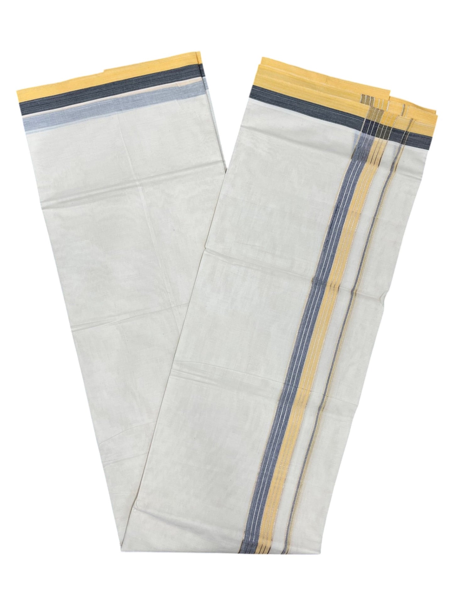 Southloom Kerala Pure Cotton Double Mundu with Grey Lines and Yellow Border with (South Indian Dhoti)