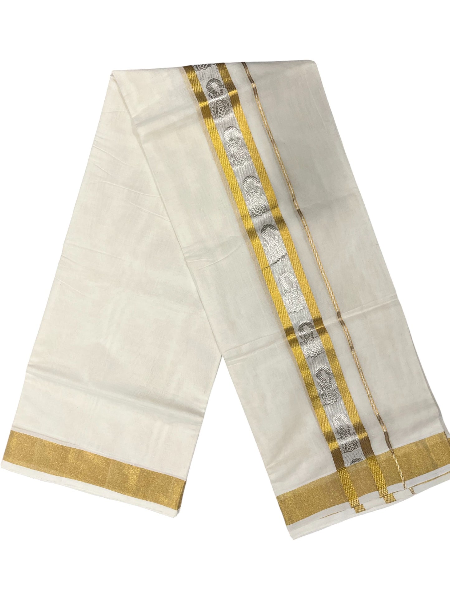 Southloom Premium Handloom Cotton Double Mundu with Gold And Silver Woven Work Kasavu Border