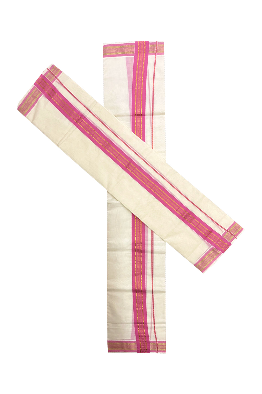 Pure Cotton Kerala Single Set Mundu (Mundum Neriyathum) with Pink and Kasavu Border (Onam Set Mundu 2023)