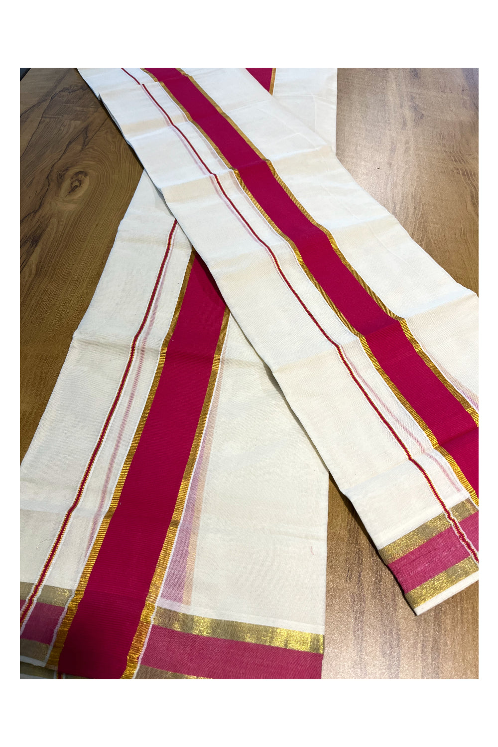 Kerala Cotton Mundum Neriyathum Single (Set Mundu) with Dark Pink and Kasavu Border