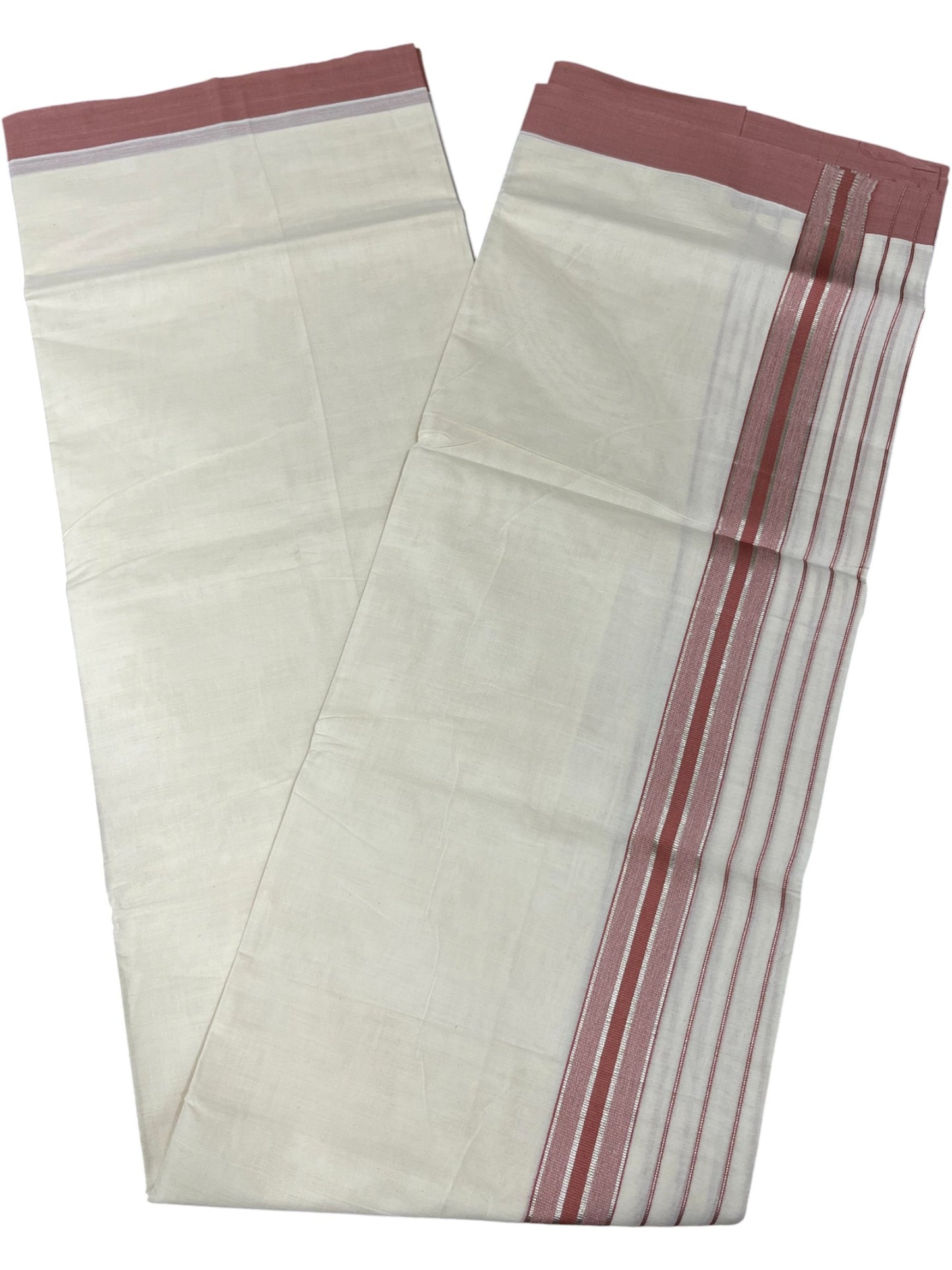 Southloom Kerala Pure Cotton Double Mundu with Peach And Silver Lines Border (South Indian Dhoti)
