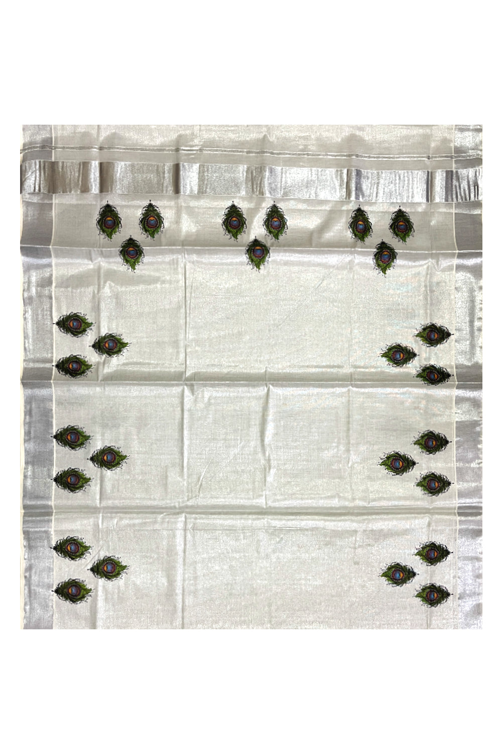 Kerala Silver Tissue Kasavu Saree with Feather Mural Printed Design