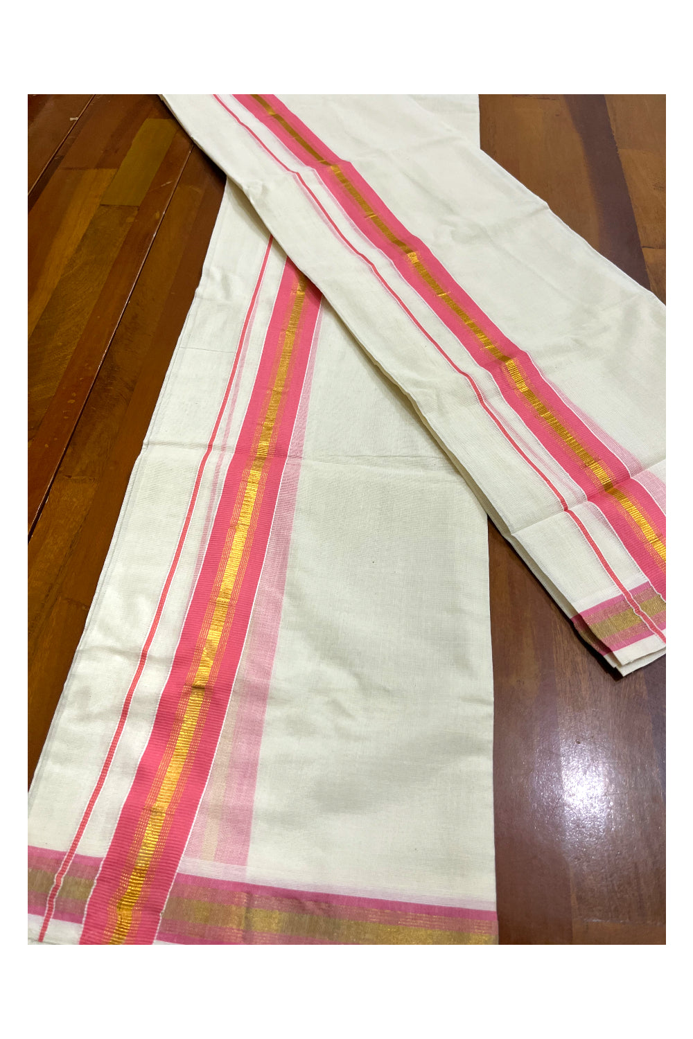 Kerala Cotton Set Mundu (Mundum Neriyathum) with Pink and Kasavu Border