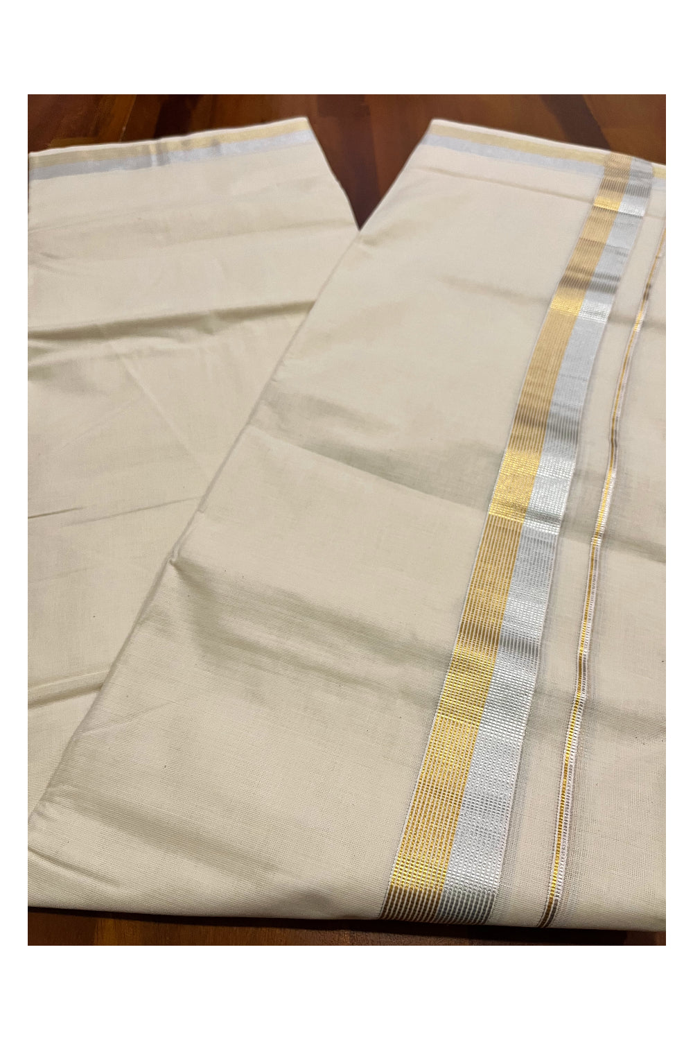 Kerala Pure Cotton Double Mundu with Silver and Golden Kasavu Border (South Indian Kerala Dhoti)