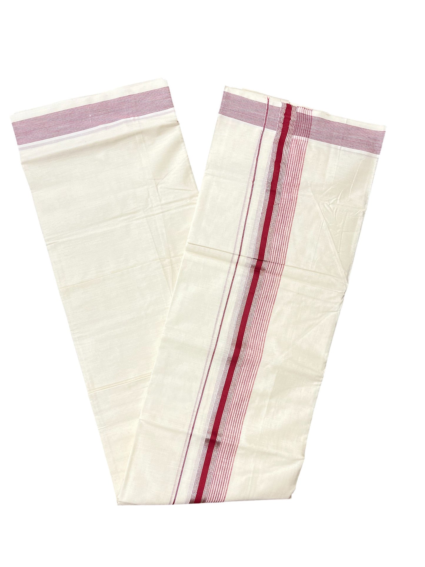 Southloom Kerala Pure Cotton Double Mundu with Silver Lines & Maroon Border (South Indian Dhoti)