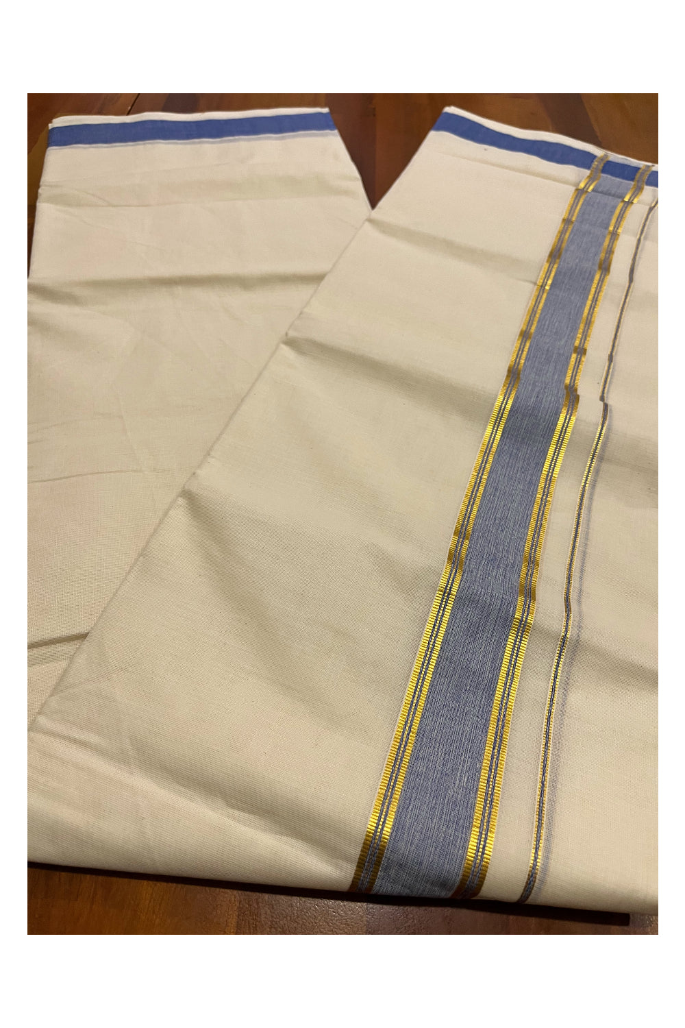 Kerala Pure Cotton Double Mundu with Blue and Kasavu Border (South Indian Kerala Dhoti)