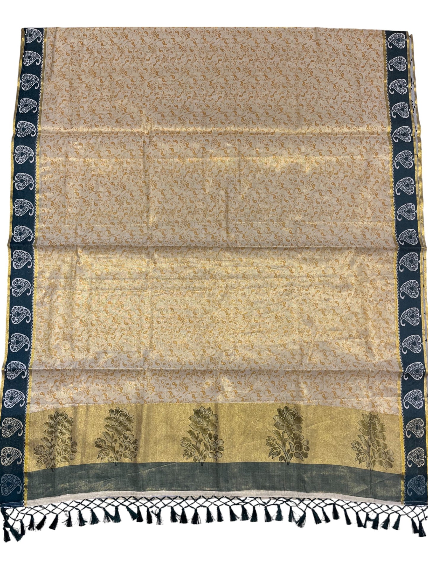 Southloom Kerala Tissue Kasavu Printed Saree with Green Floral Embroidery Works and Tassels