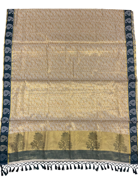 Southloom Kerala Tissue Kasavu Printed Saree with Green Floral Embroidery Works and Tassels