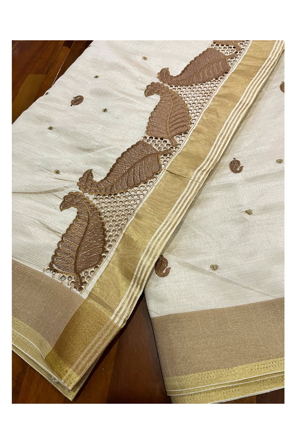 Southloom Light Brown Sequins Cotton Saree with Hacoba Leaf Designs on Munthani