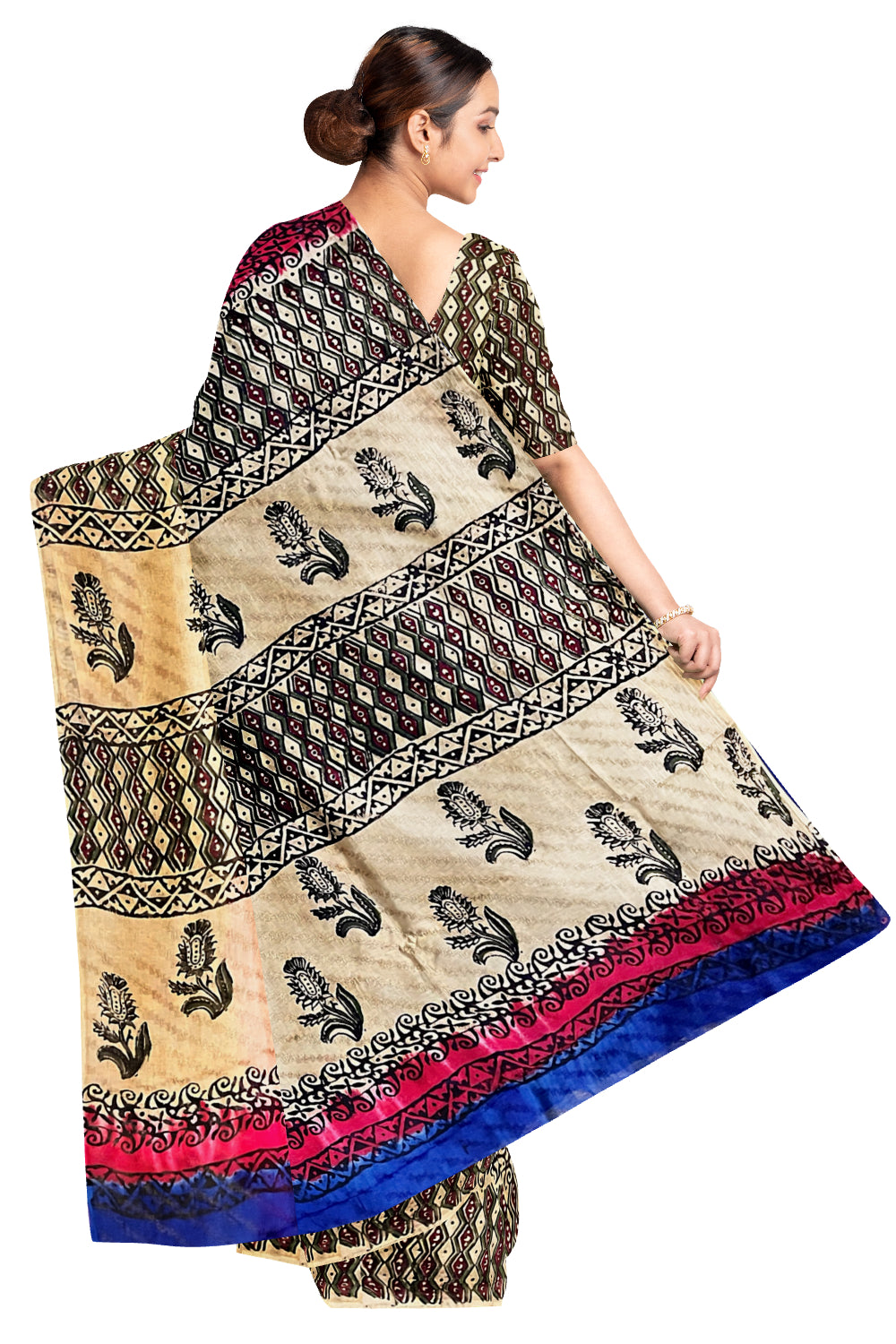 Southloom Blue Crepe Fabric Saree with Brown Printed Blouse Piece