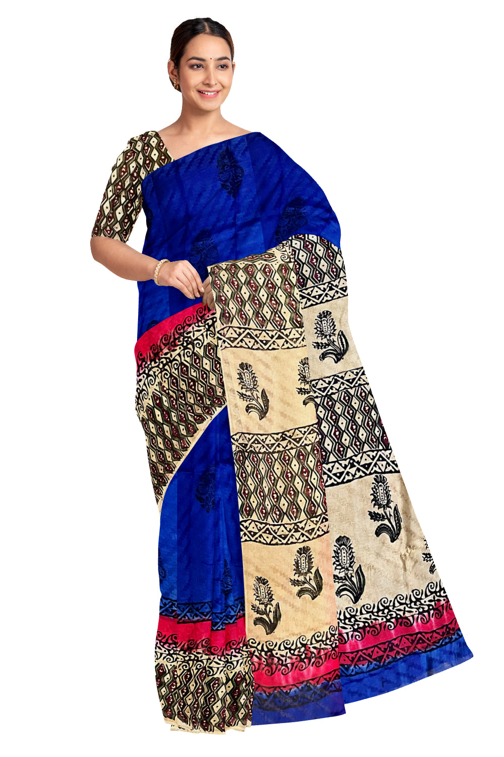 Southloom Blue Crepe Fabric Saree with Brown Printed Blouse Piece