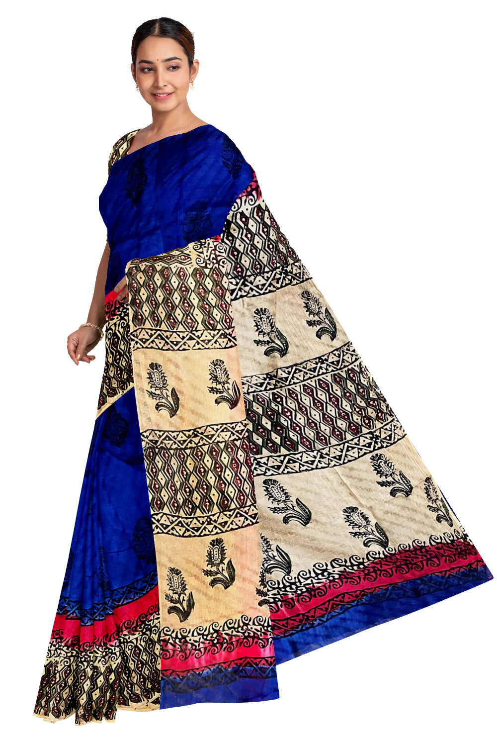 Southloom Blue Crepe Fabric Saree with Brown Printed Blouse Piece