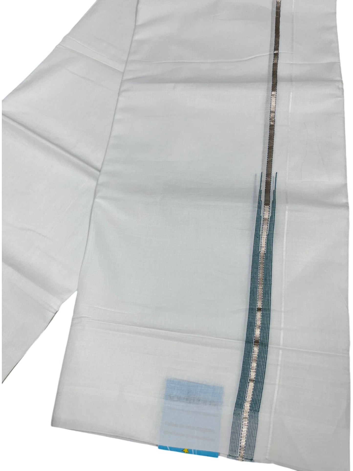 Southloom Pure White Cotton Double Mundu with Silver Lines and Green Chuttikara Border (South Indian Dhoti)