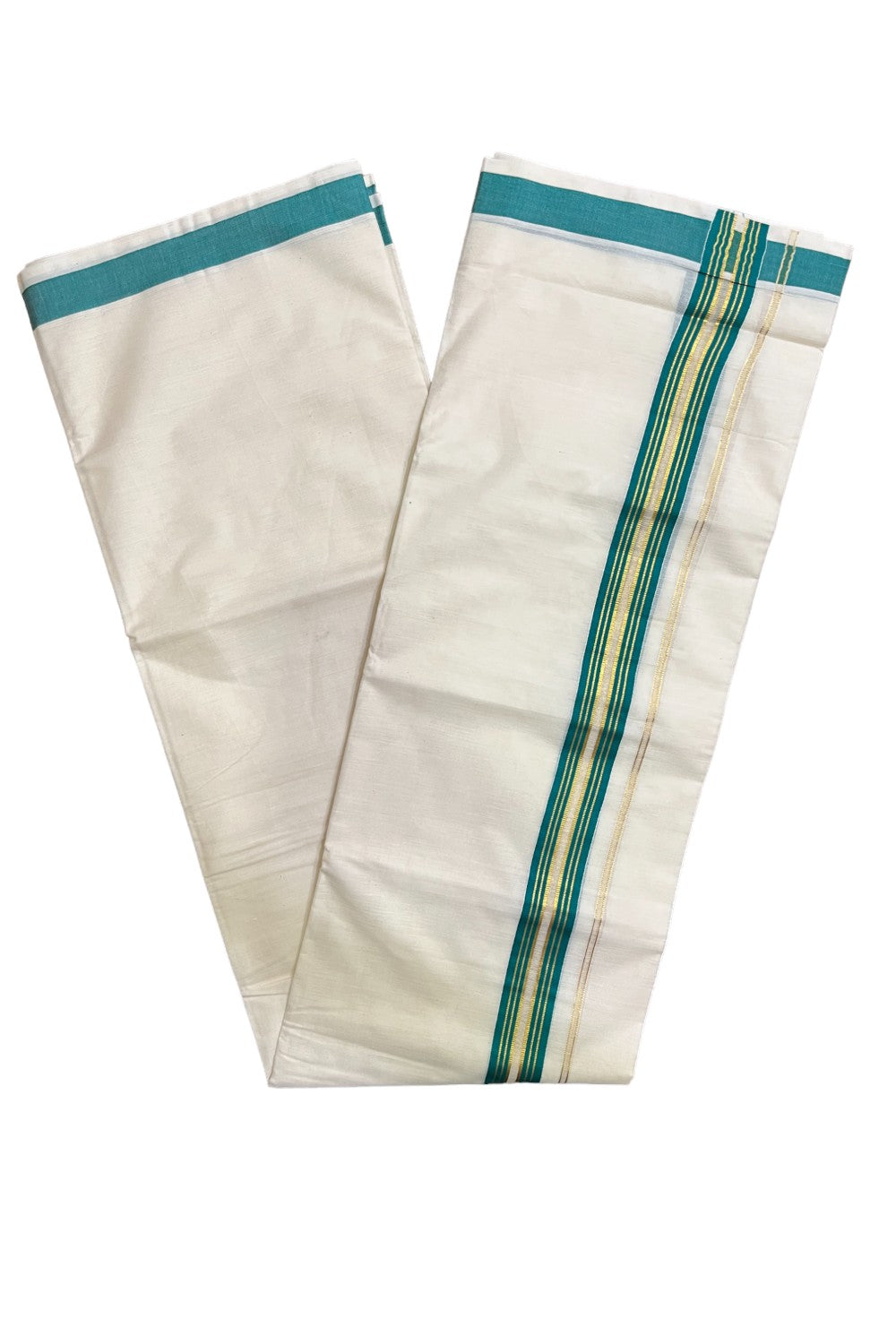 Kerala Pure Cotton Double Mundu with Green and Kasavu Lines Border (South Indian Kerala Dhoti)