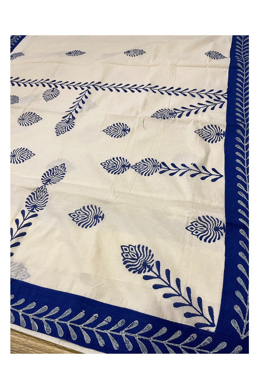 Pure Cotton Onam 2023 Kerala Saree with Hand Block Blue Batik Prints