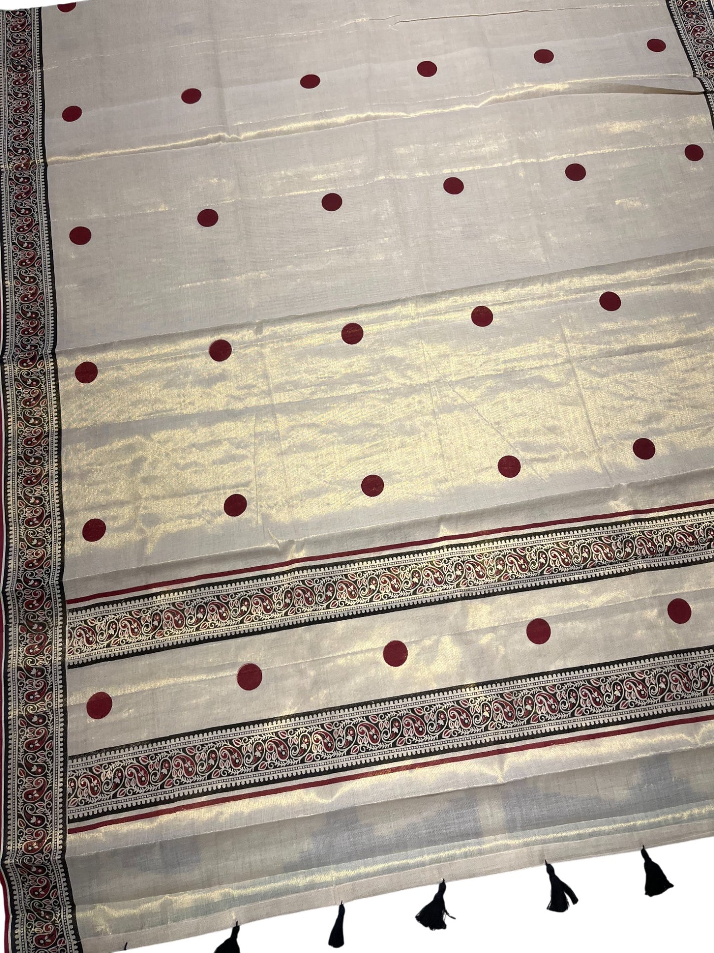 Southloom Kerala Tissue Kasavu Saree With Maroon Polka Dots on Body