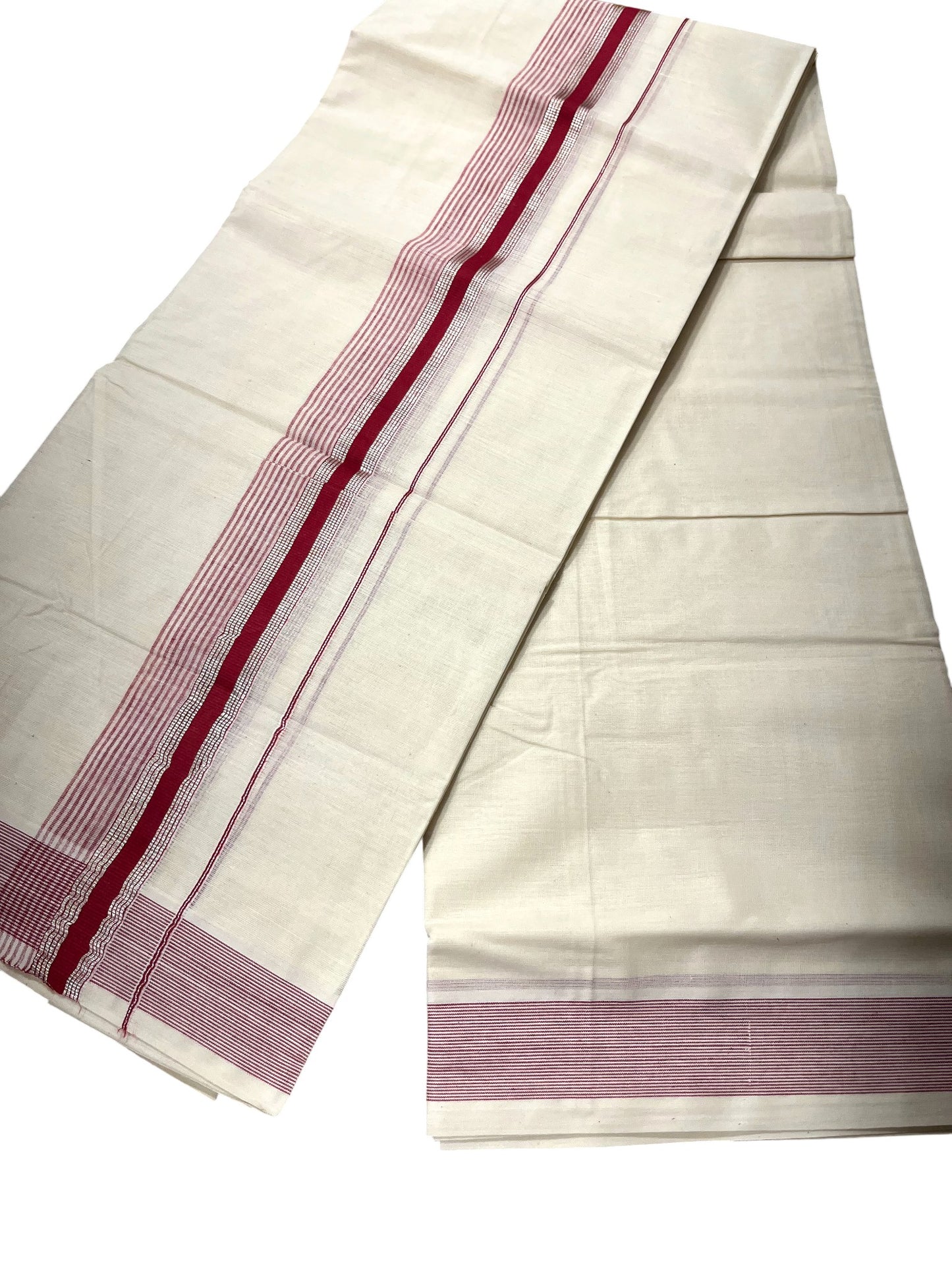 Southloom Kerala Pure Cotton Double Mundu with Silver Lines & Maroon Border (South Indian Dhoti)