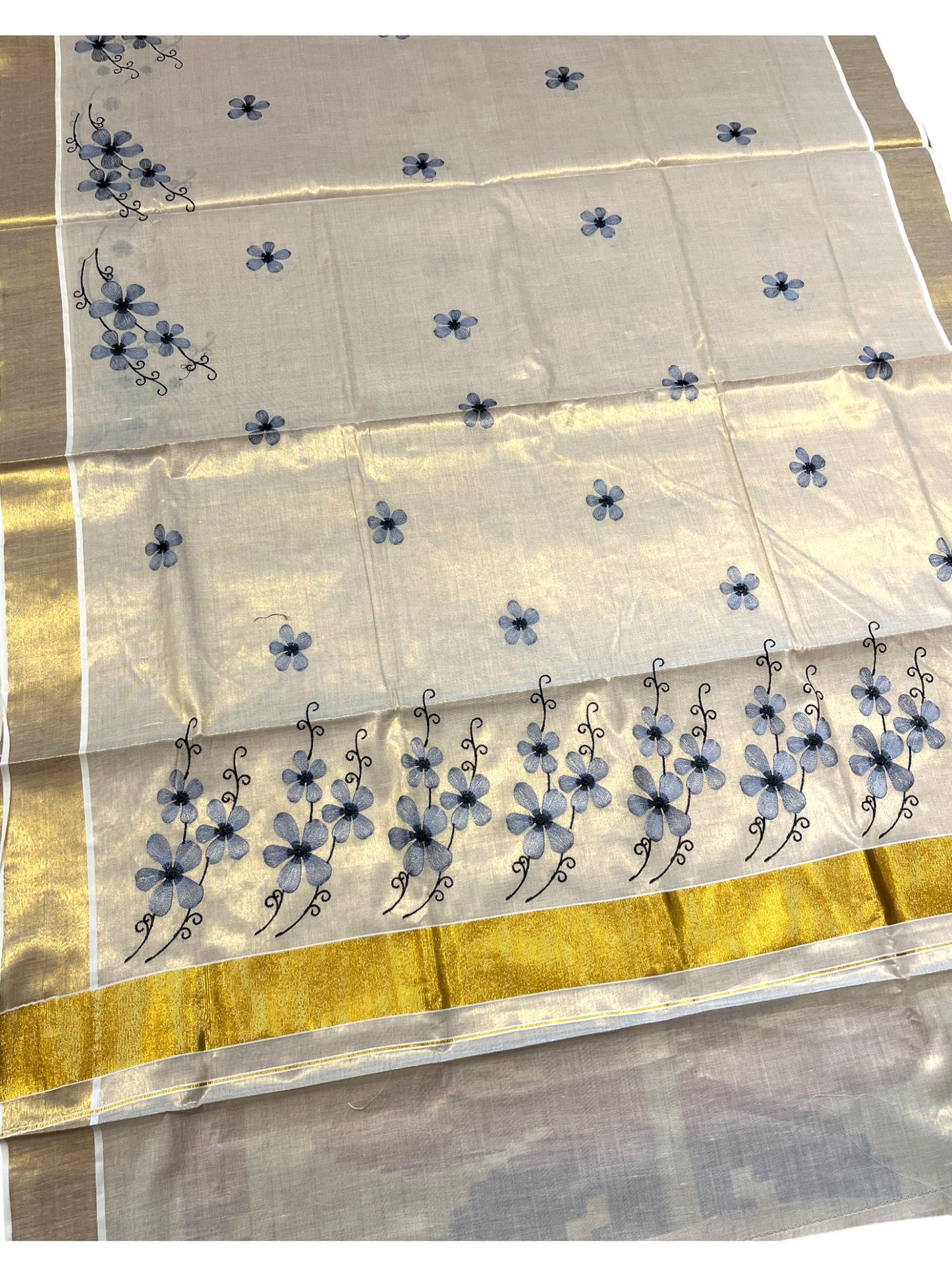 Southloom Kerala Tissue Kasavu Saree with Lavendar Floral Embroidery on Body and Border