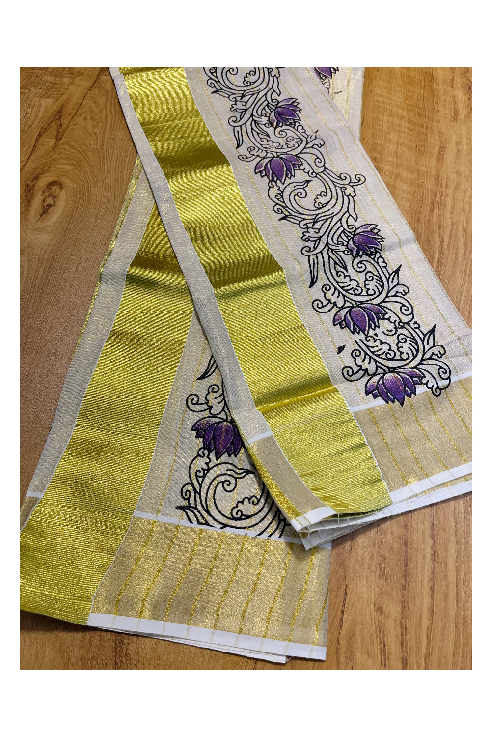 Kerala Tissue Single Set Mundu (Mundum Neriyathum) with Violet Lotus Block Printed Design 2.80Mtr
