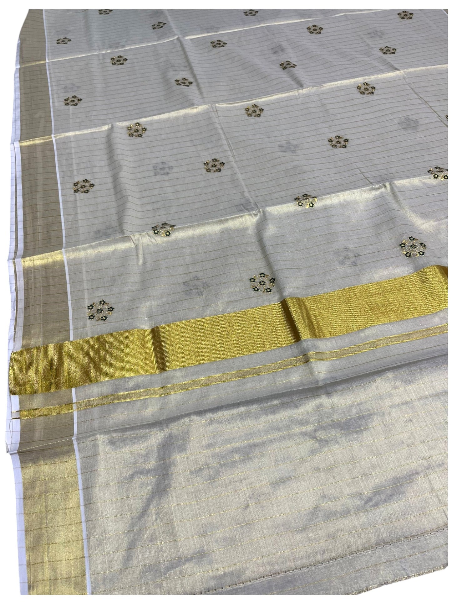 Southloom Kerala Tissue Kasavu Lines Saree with Blue Floral Embroidery Design on Body