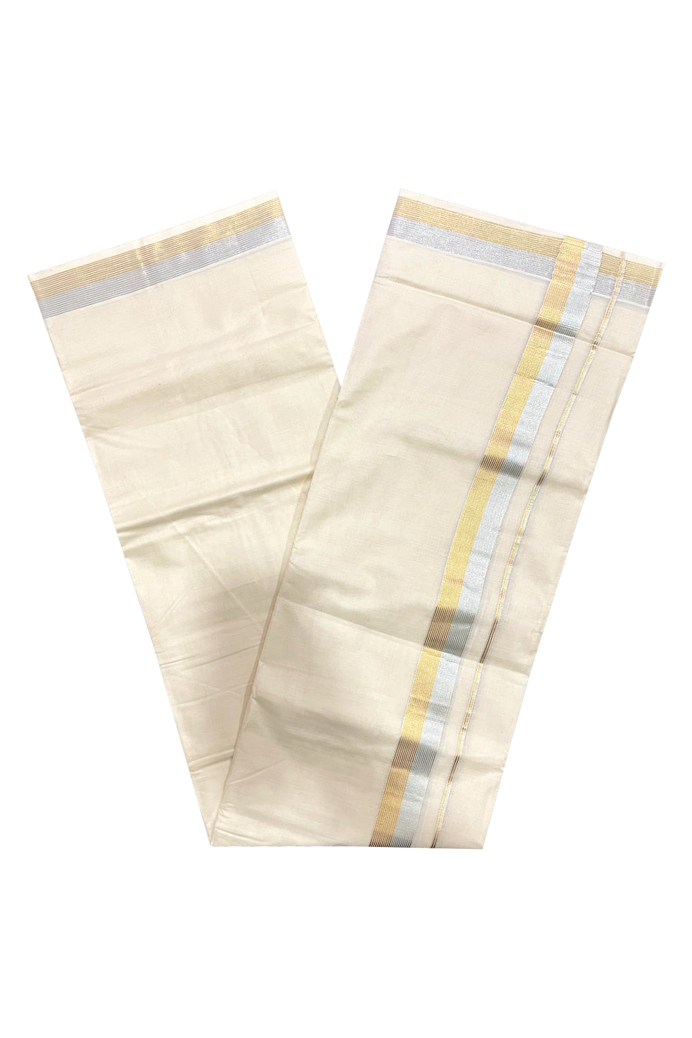 Kerala Pure Cotton Double Mundu with Silver and Golden Kasavu Border (South Indian Kerala Dhoti)