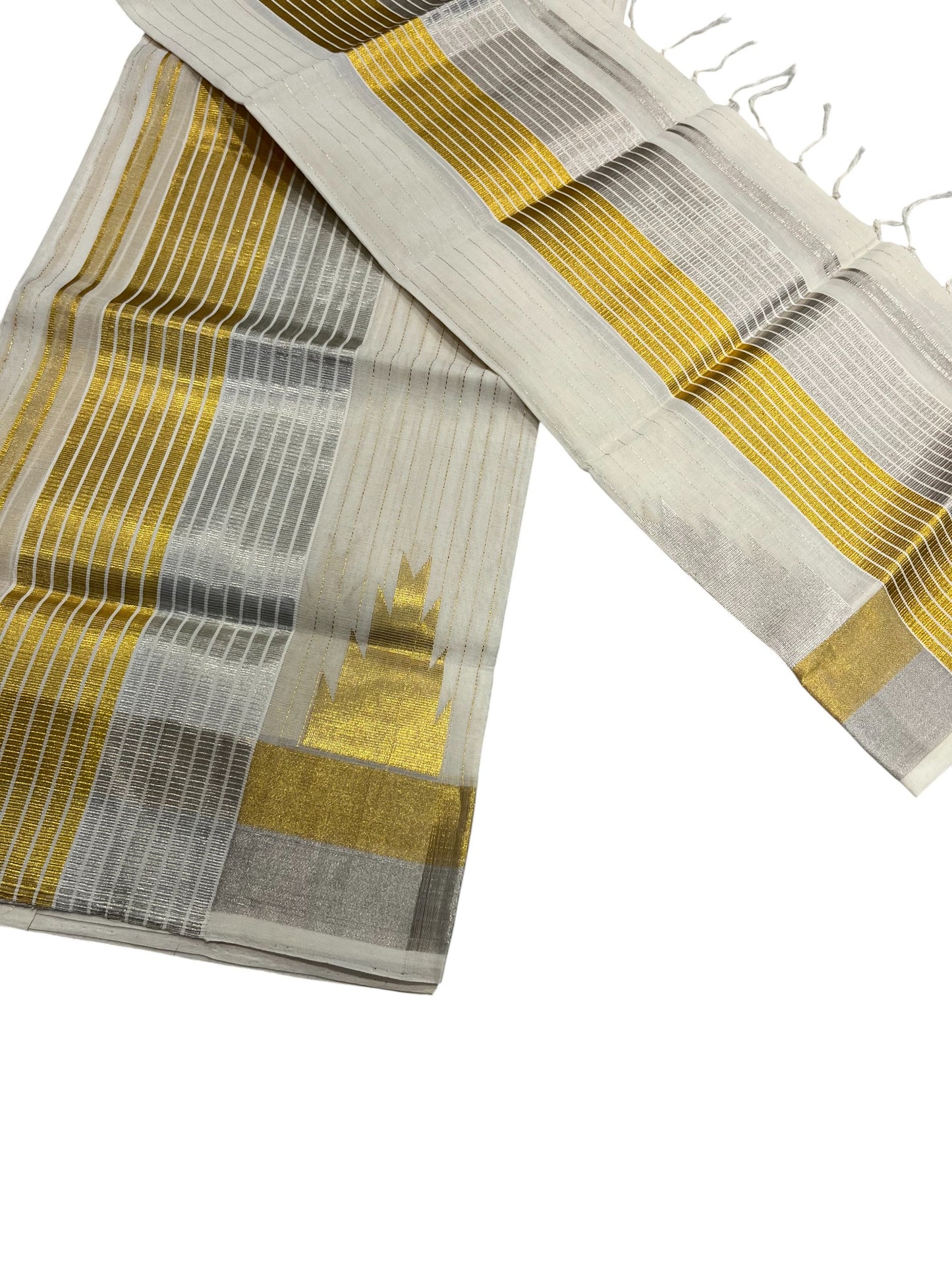 Southloom Premium Balaramapuram Handloom Set Mundu with Silver and Gold Lines Design on Kara