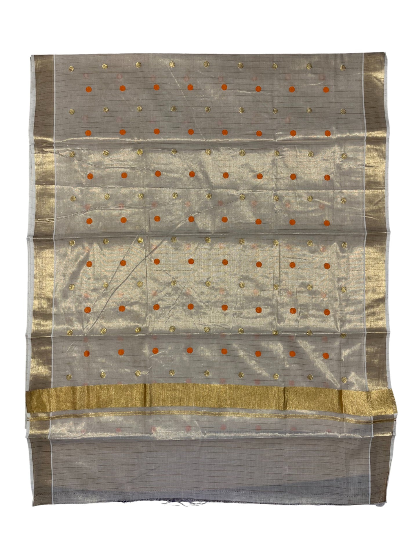Southloom Kerala Tissue Kasavu Saree with Gold& Orange Polka Embroidery Works on Body