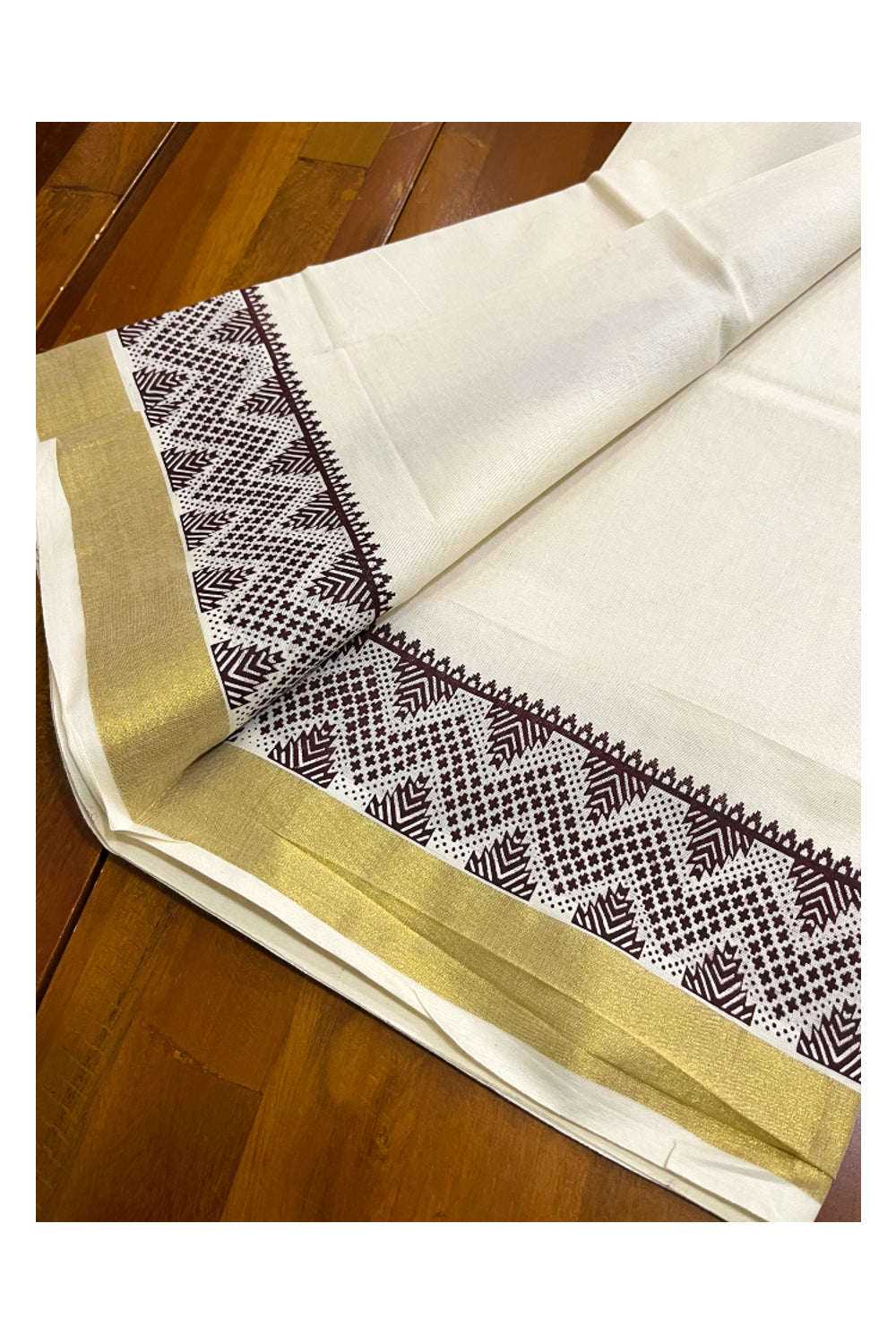 Kerala Cotton Single Set Mundu (Mundum Neriyathum) with Brown Block Prints and Kasavu Border - 2.80Mtrs