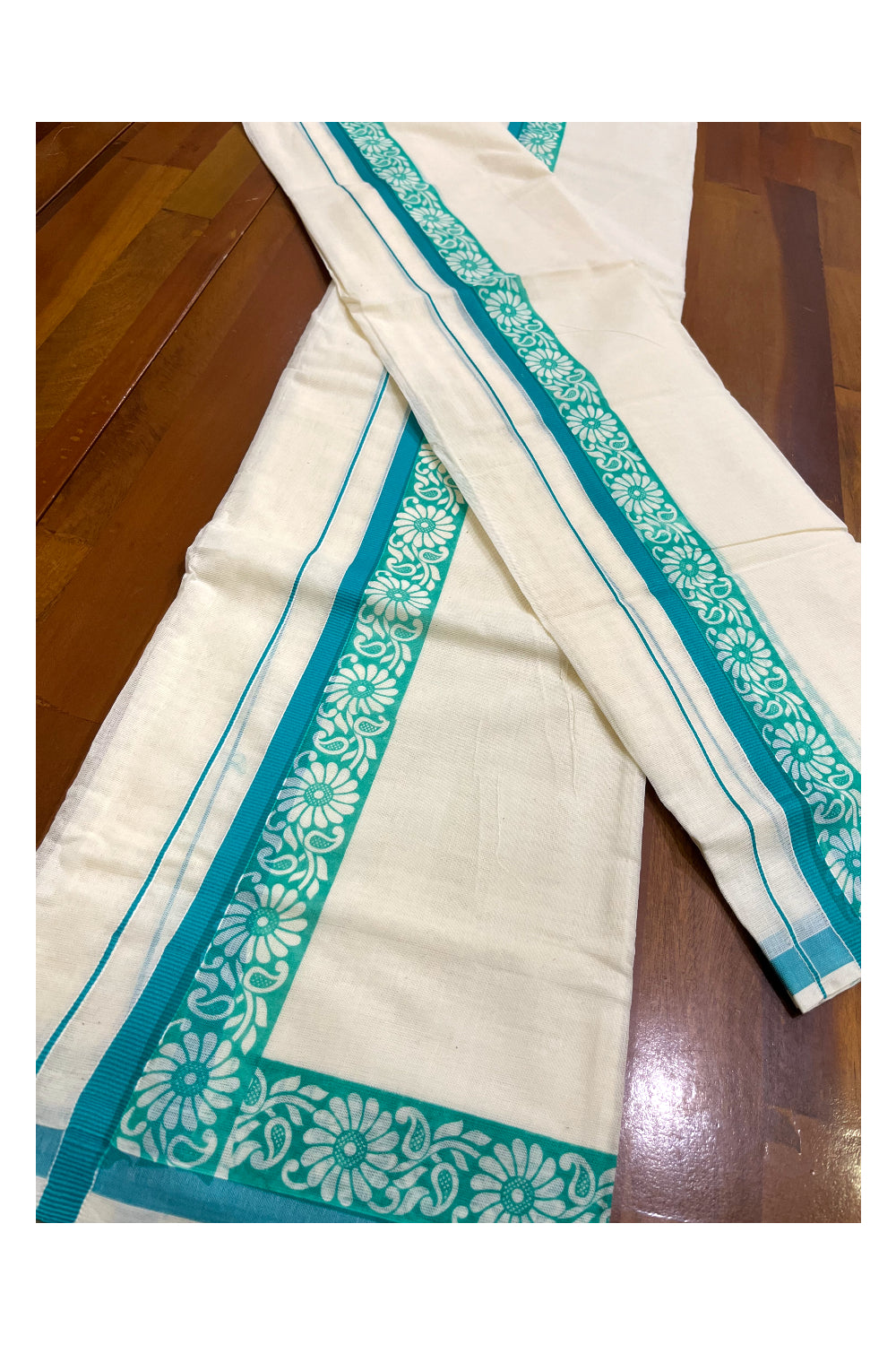 Kerala Cotton Kasavu Single Set Mundu (Mundum Neriyathum) with Green Kara and  Block prints (Onam 2024 Collection)