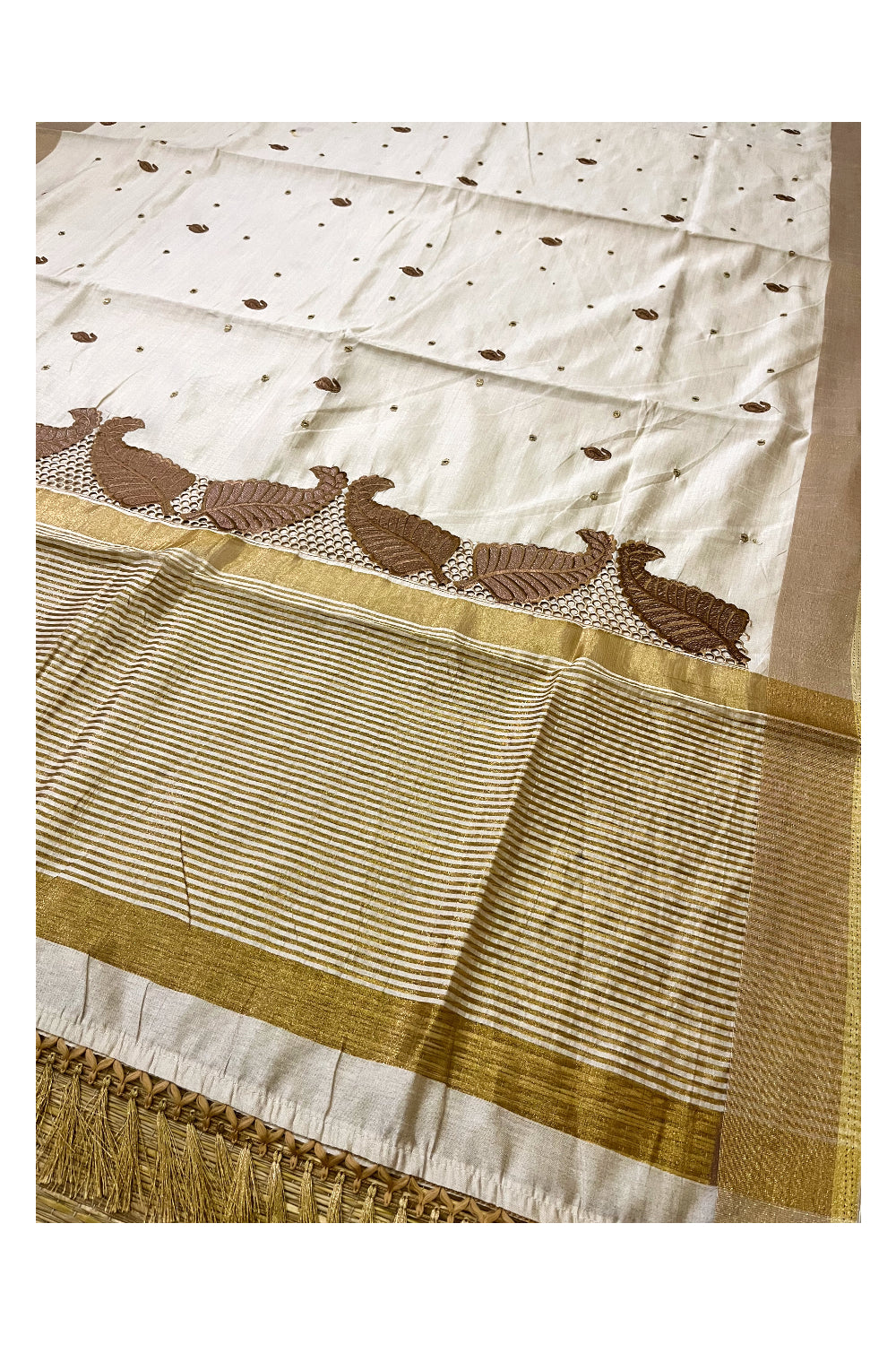 Southloom Light Brown Sequins Cotton Saree with Hacoba Leaf Designs on Munthani