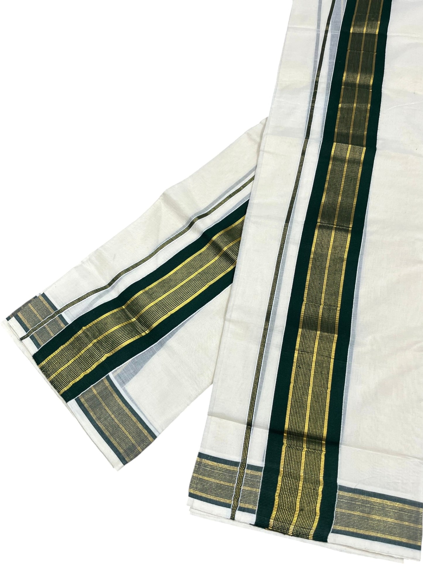 Southloom Kerala Cotton Kasavu Single Set Mundu (Mundum Neriyathum) with Green Kasavu Border SLKK