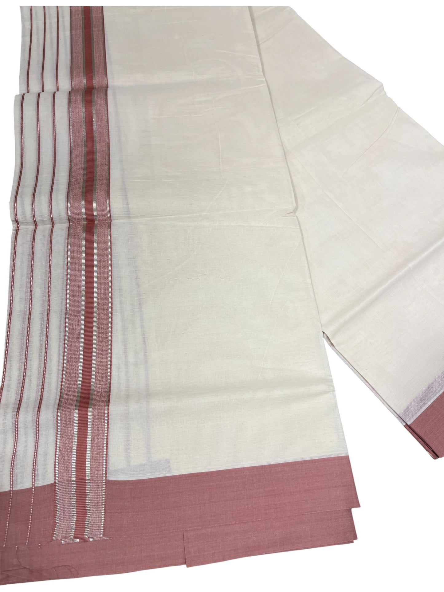 Southloom Kerala Pure Cotton Double Mundu with Peach And Silver Lines Border (South Indian Dhoti)