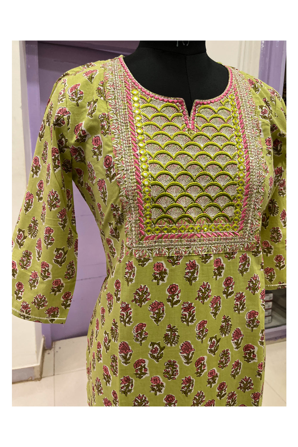 Southloom Stitched Cotton Salwar Set with Green Floral Prints and Sequins Works on Yoke